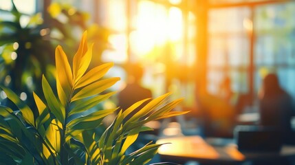 Blurred Office Background with Green Plants and Business People – Sunlight and Bokeh Effect