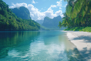 Aufkleber - a serene tropical island surrounded by lush greenery and white sandy beaches,