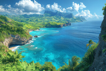 Aufkleber - A panoramic view of a tropical island with rolling hills, lush forests, and clear blue waters,