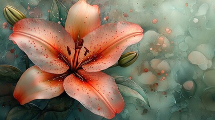 Wall Mural -  A vibrant painting depicts a pink flower with water droplets on its petals against a green and white backdrop