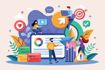 Poster - Various characters engage with digital tools to create social media updates, emphasizing user interaction, Customizable social update with disproportionate illustration.