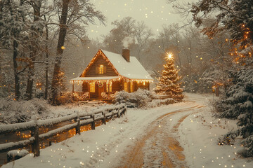 Poster - A snowy winter scene with a simple house decorated in white Christmas lights,