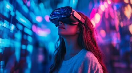Poster - a woman experiences immersive virtual reality in a vibrant neon-lit environment during an evening ev