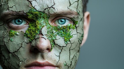 Sticker -   A person with a green moss-covered face painted to resemble a tree in a close-up