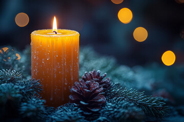 Poster - A single Christmas candle glowing softly in a dark room,
