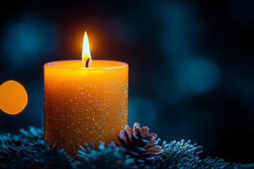 Poster - A single Christmas candle glowing softly in a dark room,