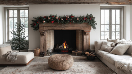 Poster - A simple garland made of pine branches hanging above a fireplace, adorned with just a few red berries,