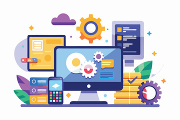 the setup displays various tech elements integrated for customizable software solutions, emphasizing