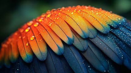 Aufkleber - A vibrant close-up of a tropical bird feather with bright orange, blue, and green hues,