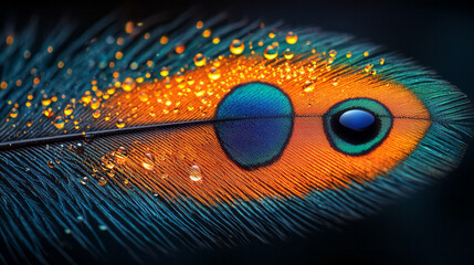 Poster - A vibrant close-up of a tropical bird feather with bright orange, blue, and green hues,