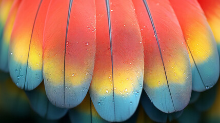 Aufkleber - A close-up of a parrot feather with bright red, yellow, and green colors,