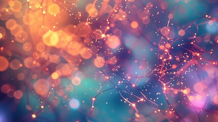 Poster - A 3D representation of a neural network with interconnected nodes and data streams, symbolizing global AI and cybersecurity. Bright, colorful background with soft bokeh lights and flowing data.