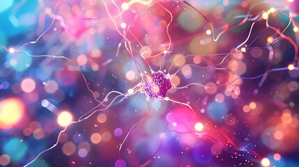 Poster - A 3D representation of a neural network with interconnected nodes and data streams, symbolizing global AI and cybersecurity. Bright, colorful background with soft bokeh lights and flowing data.
