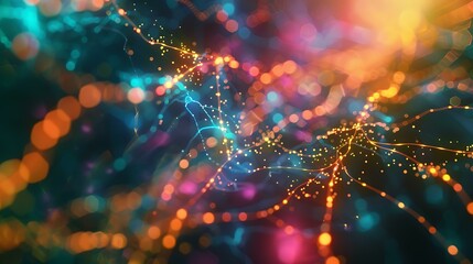 Poster - Visualization of artificial intelligence and big data analytics, featuring neural pathways and digital connections in a futuristic, multicolored scene with glowing light effects and a dynamic
