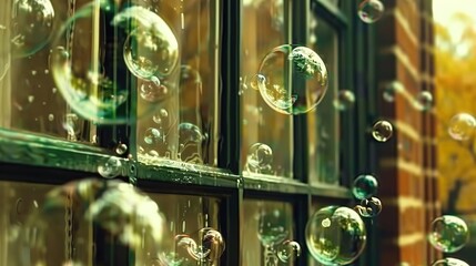 Poster - a group of soap bubbles on a windowsill with a tree in the background