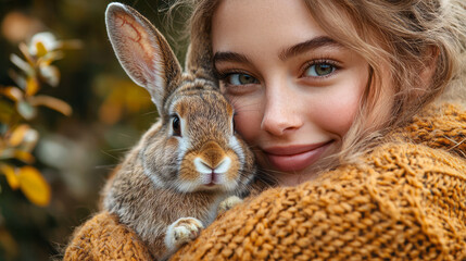 Poster - A young woman hugging her rabbit, both radiating positivity and happiness,