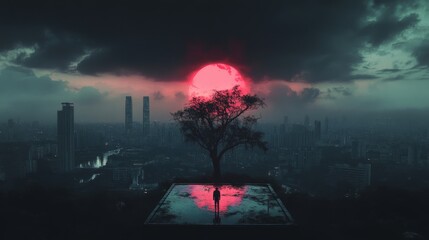 Wall Mural - red moon over the landscape.