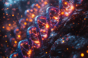 Poster - A close-up view of DNA strands, glowing with vibrant colors,