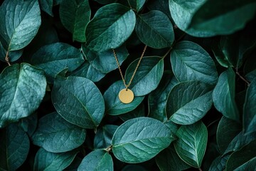 Wall Mural - Gold Pendant Necklace Among Lush Green Leaves