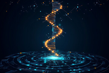 Poster - A digital representation of a DNA helix with glowing elements and a futuristic background.