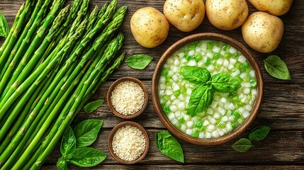 Poster -   A bowl of onions, asparagus, and potatoes on a wooden table with fresh green onions and spears of asparagus