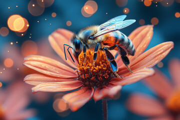 Poster - A vibrant image of pollination, with a bee hovering over a flower,