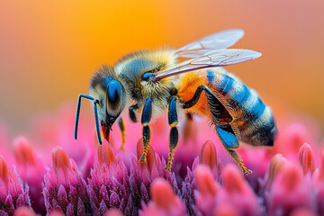 Poster - A vibrant image of pollination, with a bee hovering over a flower,