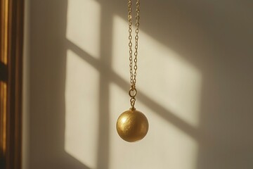 Wall Mural - A golden sphere pendant hanging on a chain against a white wall with shadow patterns.