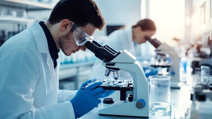 Poster - Scientist in a Lab Coat Uses a Microscope for Research