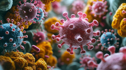 Poster - A vibrant image of bacteria and viruses interacting with human cells,