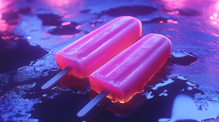 Two pink popsicles with wooden sticks lying on a blue and pink surface.