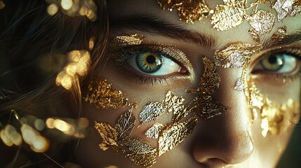   Close-up of a woman's face adorned with gold leaves