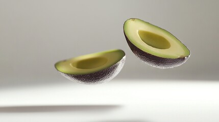 Wall Mural -   An avocado sliced in half on a white background, with a reflection of the entire avocado