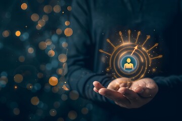Poster - A businessman holding an icon of a target with people inside, his hand showing an arrow pointing to a goal or customer group, representing a marketing plan and business strategy concept on a dark back