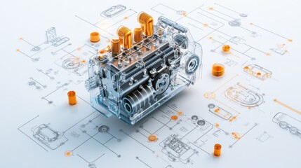 Poster - Transparent Engine Model with Technical Blueprint