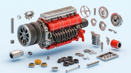 Poster - Detailed Car Engine Components Isolated on Blue Background
