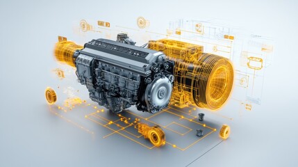 Poster - High-tech Engine with Digital Visualization Elements