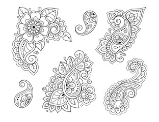 Wall Mural - set of mehndi flower pattern for henna drawing and tattoo. decoration in ethnic oriental, indian sty