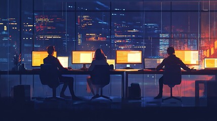 Poster - A startup team working late at night in a dimly lit office with glowing screens