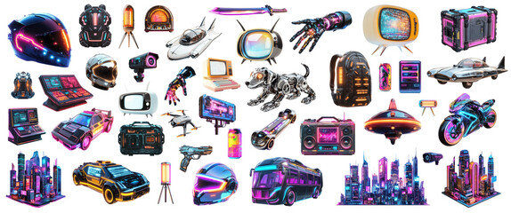 Wall Mural - Collection of cyberpunk and retro future objects with neon lighting