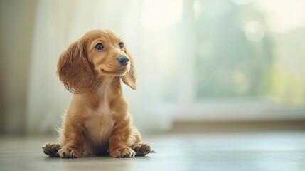 Sticker -   A close-up of a dog on a floor with a window in the background and a curtain in the foreground