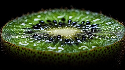 Wall Mural -   Close-up of kiwi with water droplets on a black background