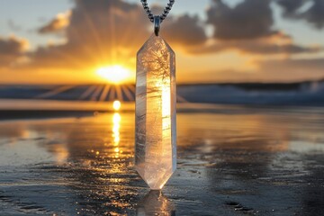 Wall Mural - Clear Quartz Crystal Pendant on Beach at Sunset