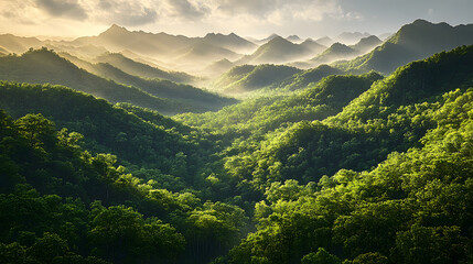 Poster - A lush forest with towering trees fills the valley, surrounded by majestic mountains in the distance