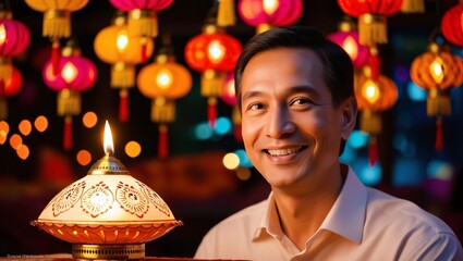 Smiling Man with Lit Lamp and Lanterns