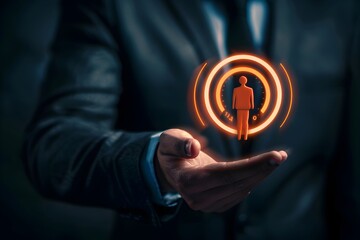 Poster - Businessman's hand holding a target icon on a dark background. Digital marketing and customer selection concept with a businessman showing a virtual global connection or leader symbol to convey the id