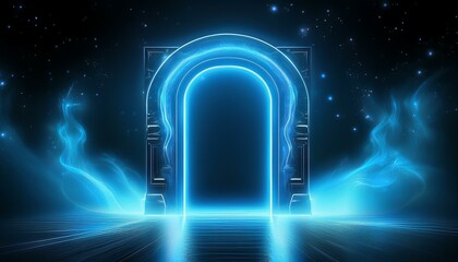 Wall Mural - Neon light blue arch. A door with a glow of smoke in space. Portal frame with laser effect on a black background. Led beam in the shape of a gate.