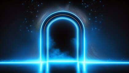 Wall Mural - Neon light blue arch. A door with a glow of smoke in space. Portal frame with laser effect on a black background. Led beam in the shape of a gate.