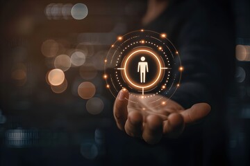 Poster - businessman's hand holding a target icon on a dark background. digital marketing and customer select