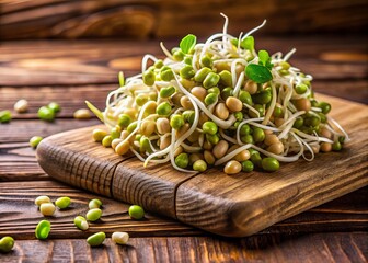 Wall Mural - Fresh Mung Bean Sprouts on Wooden Background - Healthy Vegan Ingredient for Cooking and Salads